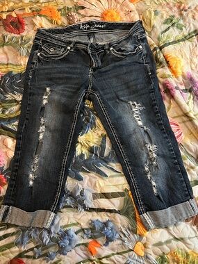 Ariya Dark Wash Distressed Cropped Jeans - Dark Blue